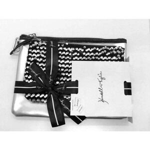 Kendall Kylie Pouch Set Women NWT Silver Black Sequin Metallic Makeup Travel Bag